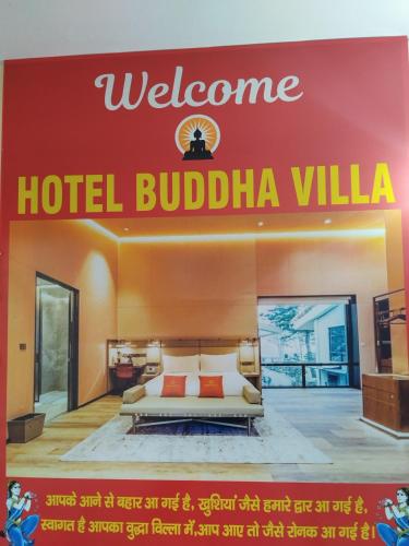 ein Schild für eine Büffelvilla des Hotels mit einem Bett in der Unterkunft Buddha villa in Patna