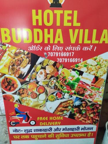 ein Schild für ein Hotel-Büffeldorf mit einem Bild von Essen in der Unterkunft Buddha villa in Patna