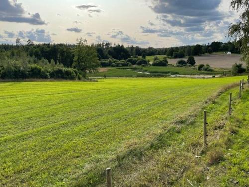 een veld van groen gras met een hek bij Nyrenoverad stuga nära naturen in Linköping