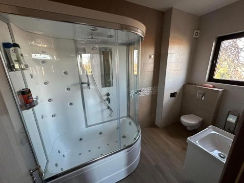 a bathroom with a shower and a toilet at Вила Маунтайн Вю in Brestnik