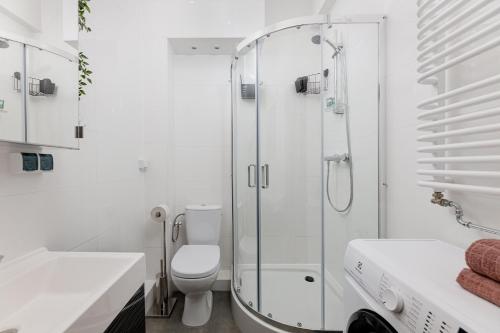 a white bathroom with a shower and a toilet at Stare Miasto Krupnicza in Wrocław
