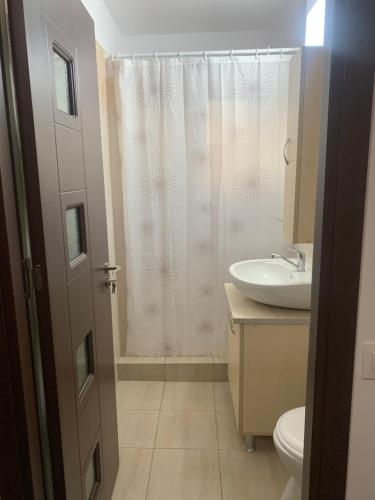 een badkamer met een wastafel en een douchegordijn bij Apartament central in Râmnicu Vâlcea