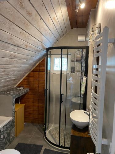 a bathroom with a shower and a sink at UROCZYSKO in Wisła
