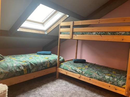 Ce dortoir comprend 2 lits superposés et une fenêtre. dans l'établissement Luxe in stiltegebied tussen loslopende Alpaca’s, 