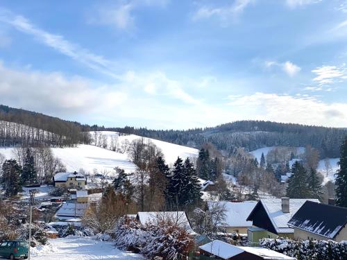 a snow covered village with houses and a mountain at Apartmán v Kašperských Horách in Kašperské Hory