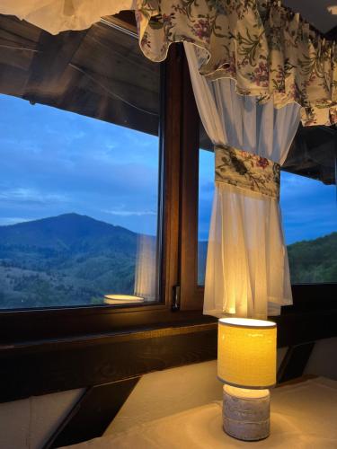 a lamp in front of a window with a view at Готельно-Ресторанний комплекс Кичера in Volovets