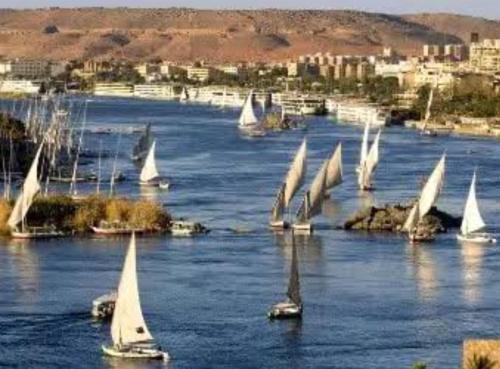 a group of sailboats on a river with a city at القارب في نهر النيل in Aswan