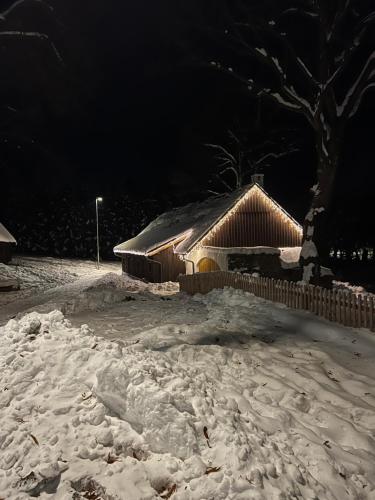 a house covered in snow at night at Hamerská chaloupka in Hlinsko
