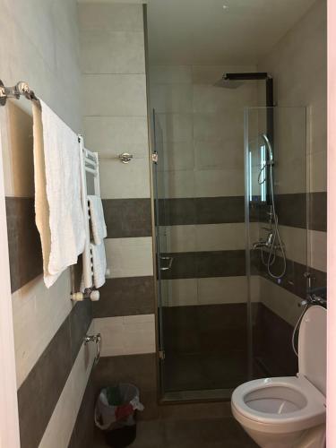 a bathroom with a toilet and a glass shower at Family Hotel Vere Tower in Tbilisi City