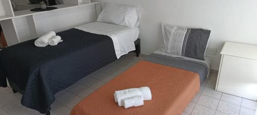 um quarto com uma cama com duas toalhas em La Recova de La Boca em Buenos Aires