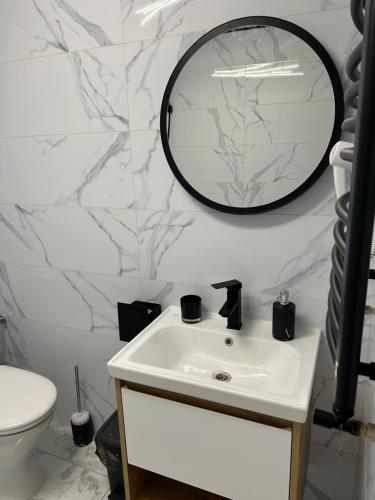a bathroom with a white sink and a mirror at Khatky Na Penkakh in Vorokhta