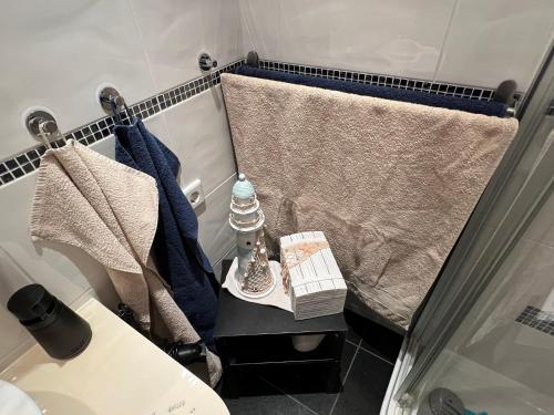 a bathroom with a shower and towels and a sink at Ferienwohnung CASA GELI in Glücksburg
