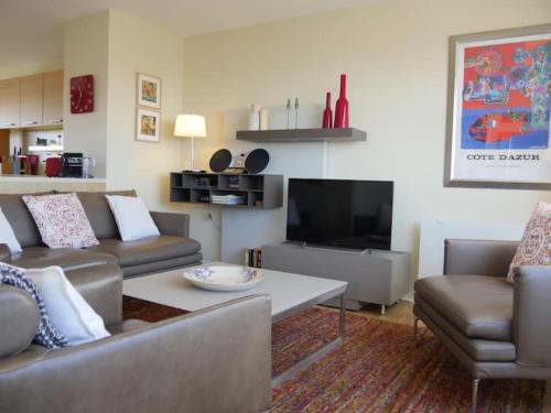 un salon avec deux canapés et une télévision dans l'établissement ALBION - Luxurious 3 bedrooms large terrace parking AC, à Antibes