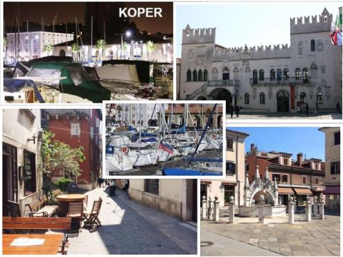 un collage de fotos de una ciudad con barcos en Apartment P47 en Koper