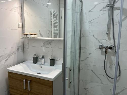 a bathroom with a sink and a shower at City Luxe Apartment in Čakovec