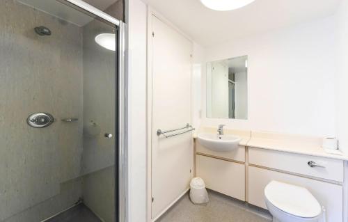 a bathroom with a toilet and a sink and a shower at Selwyn College, Cambridge in Cambridge