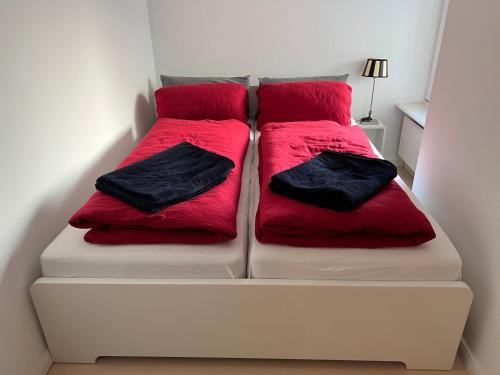 two beds with red and black pillows on them at Ferienwohnung CASA GELI in Glücksburg