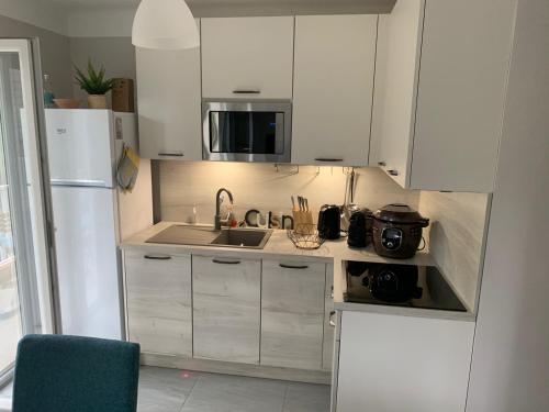 une petite cuisine avec un évier et un réfrigérateur dans l'établissement Le jasmin du Riou, à Cannes