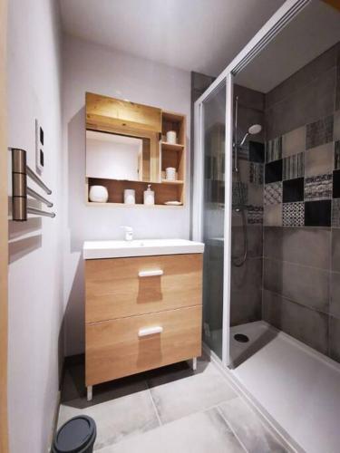 une salle de bain avec un lavabo et une douche dans l'établissement Appartement cosy à 300 m de la plage, à Dinard
