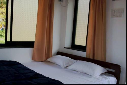 Hotel innovation inn في باغا: سرير مع وسادتين في غرفة نوم مع نوافذ