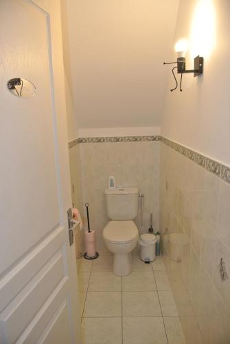 a bathroom with a toilet and a light on the wall at Gîte Les Chênes in Villeneuve-les-Sablons