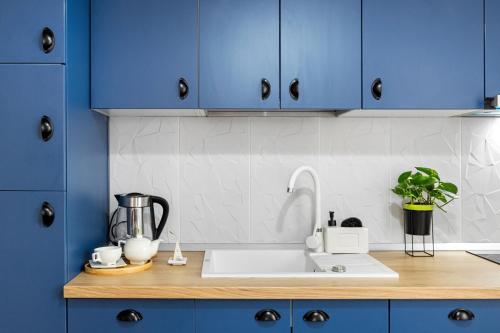 a kitchen with blue cabinets and a sink at Herman Park View Cozy Apartment 1 in Bucharest