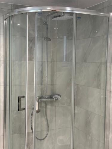 a shower with a glass door in a bathroom at Exquisite 2 Bedroom Fully Furnished Annex in Bradenham