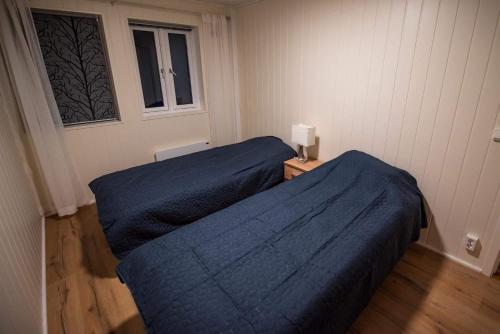 two beds in a room with blue sheets and a window at Sea view Holmestrand sauna and hot tube appartment in Holmestrand