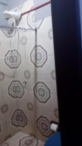 a bathroom with a shower with a patterned wall at Alvar Nuñez in Puerto Iguazú