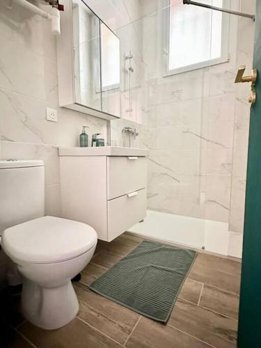 y baño con aseo, lavabo y ducha. en Petit studio cosy - Proche gare / téléphérique, en Toulon