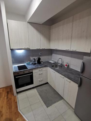 a kitchen with white cabinets and a sink and a refrigerator at DJS Skopje Apartment in Skopje