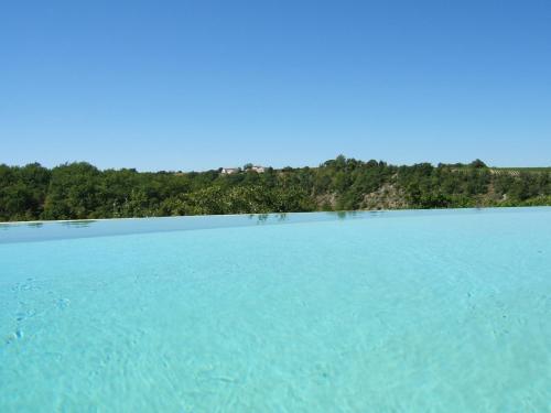 une grande masse d'eau avec des arbres à l'arrière-plan dans l'établissement Gîte des Camazets avec piscine, à Trespoux-Rassiels