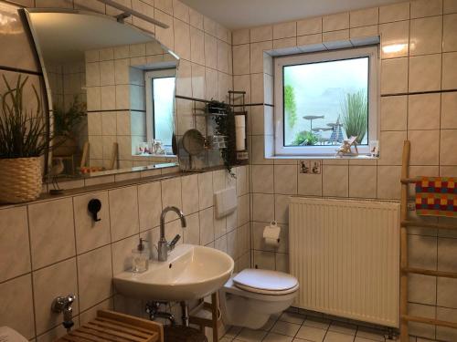 baño con lavabo y aseo y ventana en Eifelpause, en Plaidt