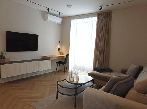 uma sala de estar com um sofá e uma televisão de ecrã plano em Apartments with an impressive terrace on the roof of the house em Vilnius