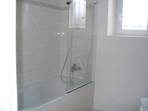 a shower with a glass door in a bathroom at Maison d'Hôtes Villa Brindille in Bois-le-Roi