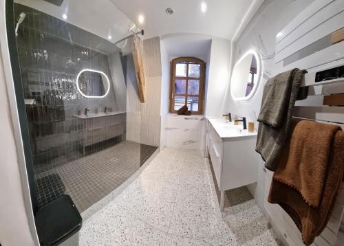 une salle de bain avec douche et lavabo dans l'établissement Appartement avec Terrasse & Parking Sarlat centre, à Sarlat-la-Canéda