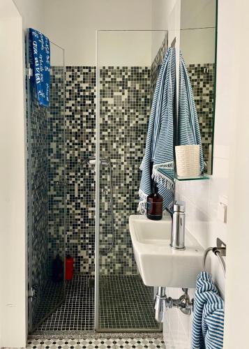 a bathroom with a shower and a sink at Apartamento Burgo "Tanoeiros" in Funchal