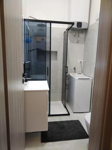 a bathroom with a shower and a sink and a toilet at Apartman LeMa in Pula