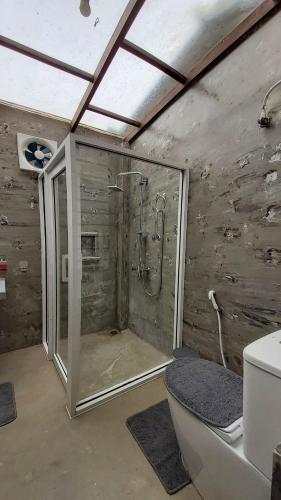 a bathroom with a shower and a toilet at Walauwa on the hill in Hatton