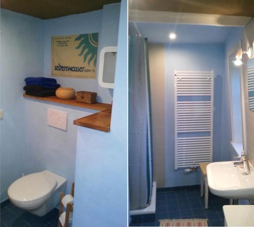 two pictures of a bathroom with a toilet and a sink at Ferienhaus Marktstraße in Tangermünde