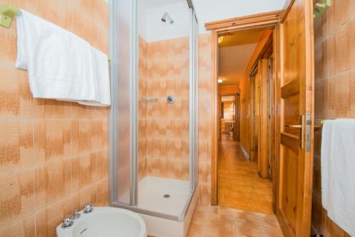 La salle de bains est pourvue d'une douche, de toilettes et d'un lavabo. dans l'établissement Casa Rosalba, à Livigno