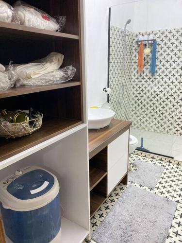 La salle de bains est pourvue d'un lavabo, de toilettes et d'une douche. dans l'établissement Villa Mamath, 