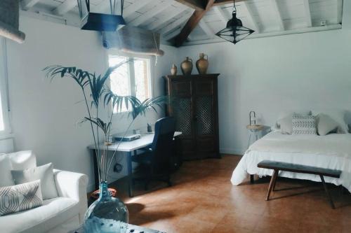 ein Schlafzimmer mit einem Bett, einem Schreibtisch und einem Sofa in der Unterkunft Rincón de ensueño en Uribe Kosta 