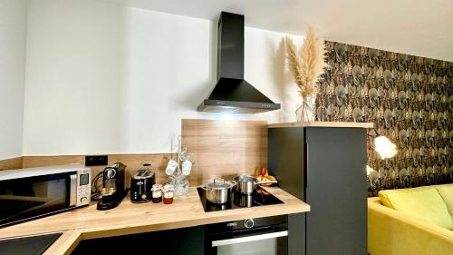a kitchen with a black refrigerator and a microwave at Les Gîtes de la Chapelle 4 in Vauvert