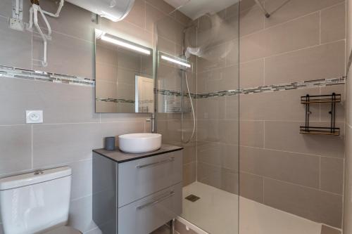 ein Bad mit einem WC, einem Waschbecken und einer Dusche in der Unterkunft Appartement 1 pièce très chaleureux in Louviers