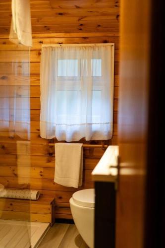 a wooden bathroom with a toilet and a window at Cozy Norwegian Style Log Cabin in Rural Snowdonia - 2 Bedrooms & Parking by Seren Short Stays in Ffestiniog