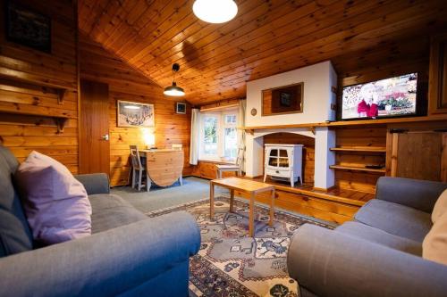 a living room with a couch and a tv at Cozy Norwegian Style Log Cabin in Rural Snowdonia - 2 Bedrooms & Parking by Seren Short Stays in Ffestiniog