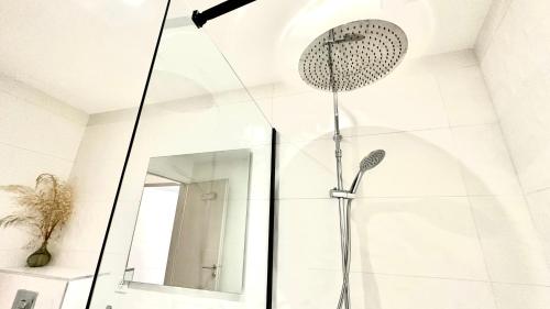 a shower with a glass door in a bathroom at Les Gîtes de la Chapelle 4 in Vauvert