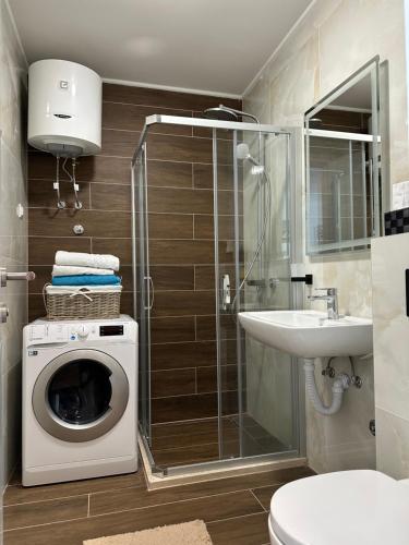 a bathroom with a washing machine and a sink at Staza Ski Apartment in Jahorina