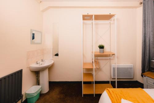 Baño pequeño con lavabo y espejo en Cozy Old Town 4 Bedrm Apartment en Edimburgo